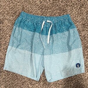 chubbies Teal to Light Blue Ombre Speckled Swim Trunks with White Drawstring